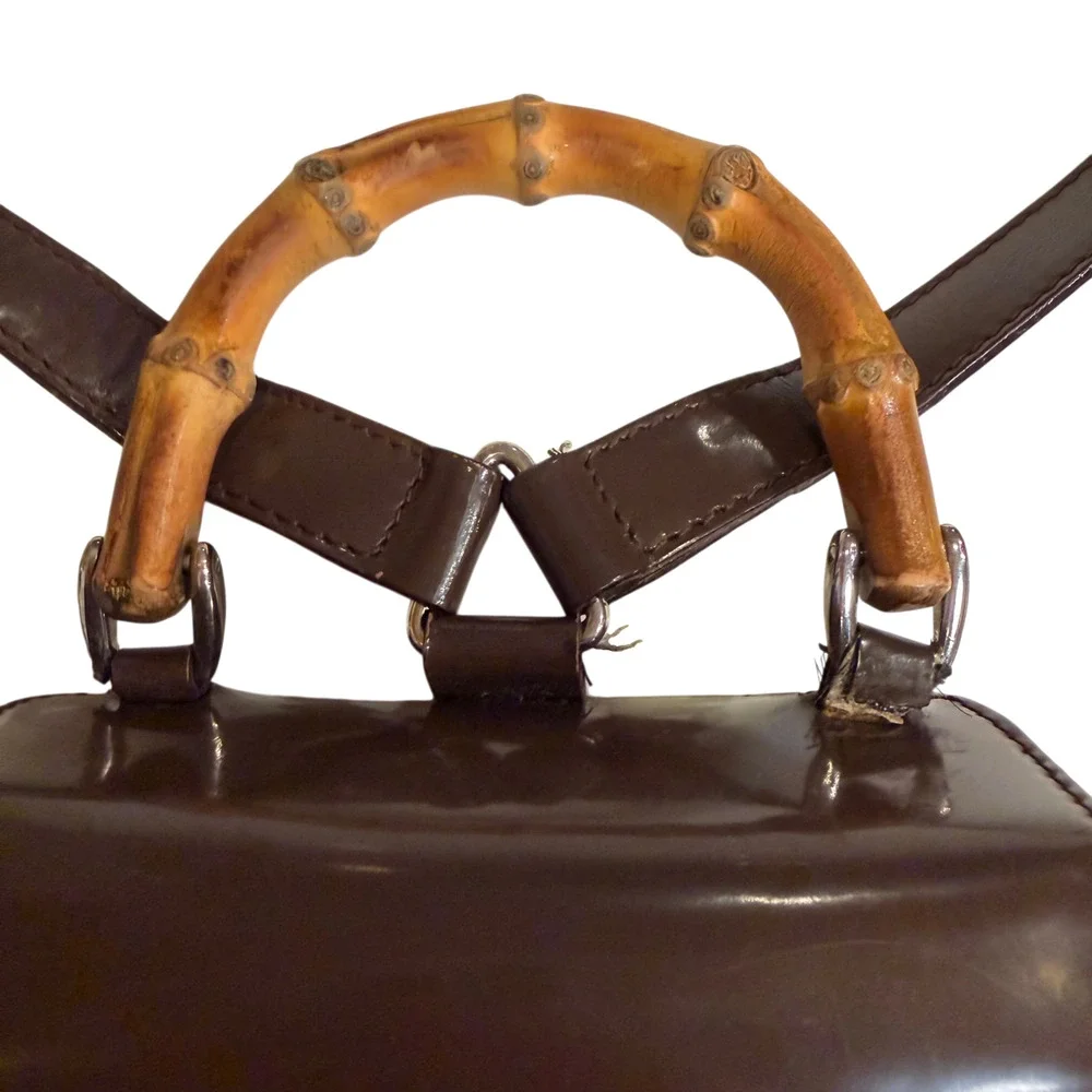 Vintage Gucci Brown Mini Backpack w/ Bamboo Handle Patent Leather + Nylon Auth
